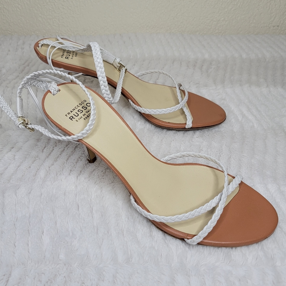 Francesco Russo tan & white strappy sandals size 36½ about 2½ heel Italy shoes